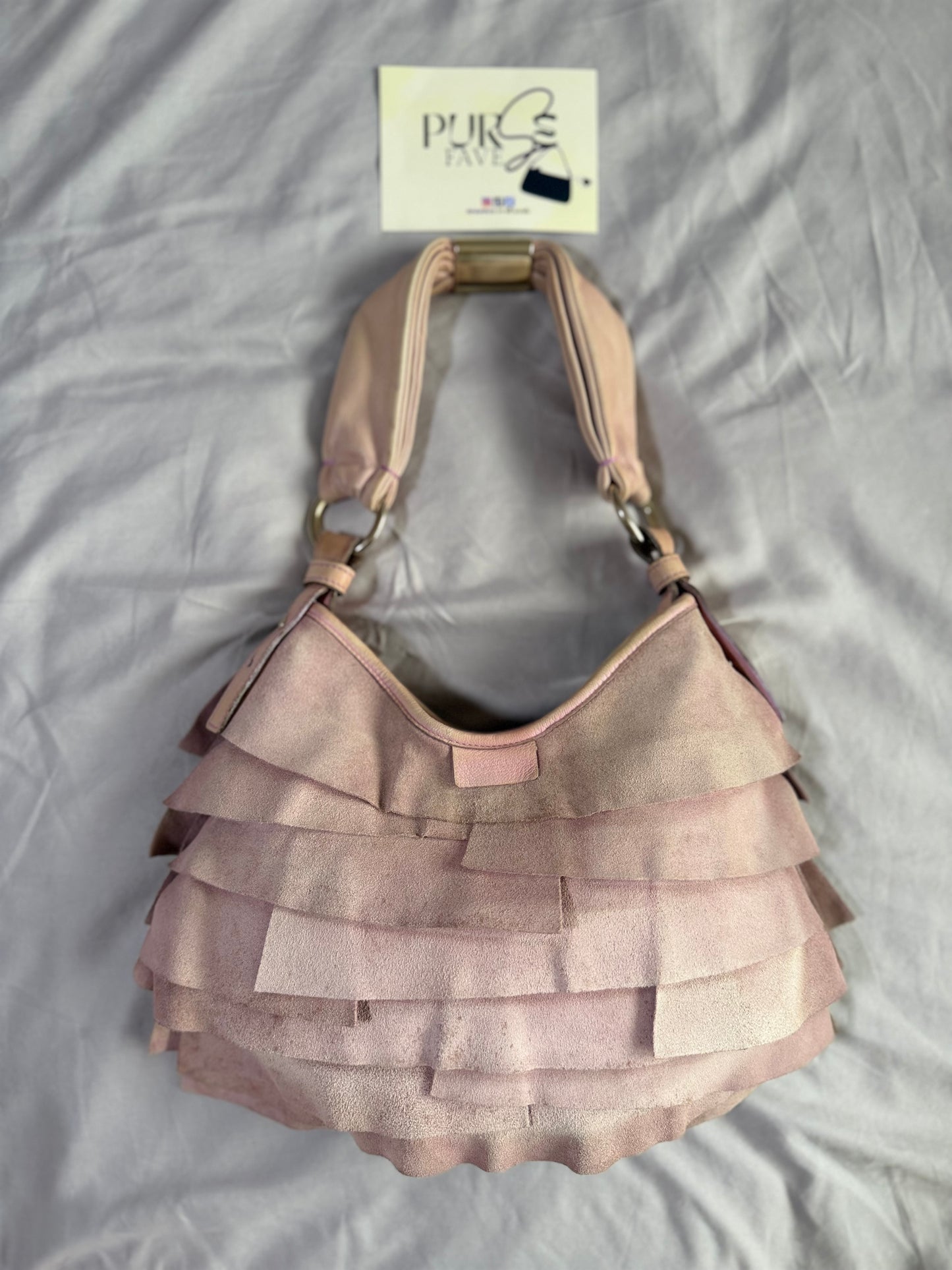 Authentic Vintage Yves Saint Laurent by Tom Ford Pink Suede Ruffle Small St. Tropez Shoulder Bag