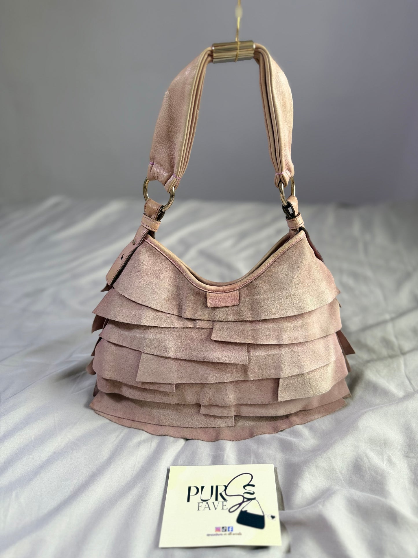 Authentic Vintage Yves Saint Laurent by Tom Ford Pink Suede Ruffle Small St. Tropez Shoulder Bag