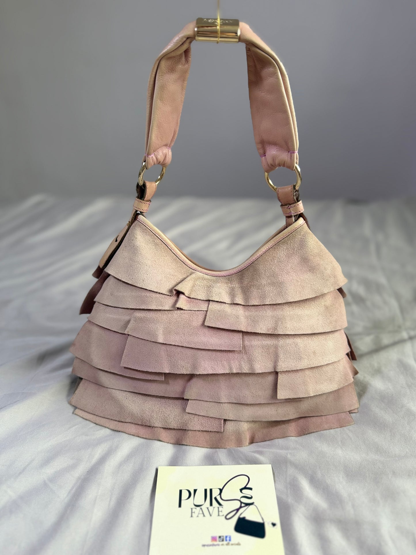 Authentic Vintage Yves Saint Laurent by Tom Ford Pink Suede Ruffle Small St. Tropez Shoulder Bag
