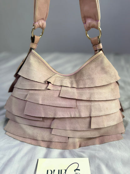 Authentic Vintage Yves Saint Laurent by Tom Ford Pink Suede Ruffle Small St. Tropez Shoulder Bag