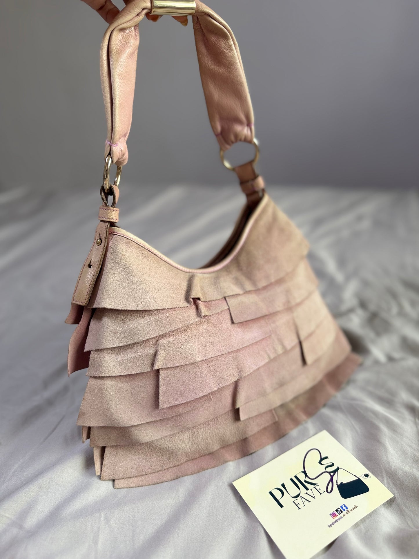 Authentic Vintage Yves Saint Laurent by Tom Ford Pink Suede Ruffle Small St. Tropez Shoulder Bag