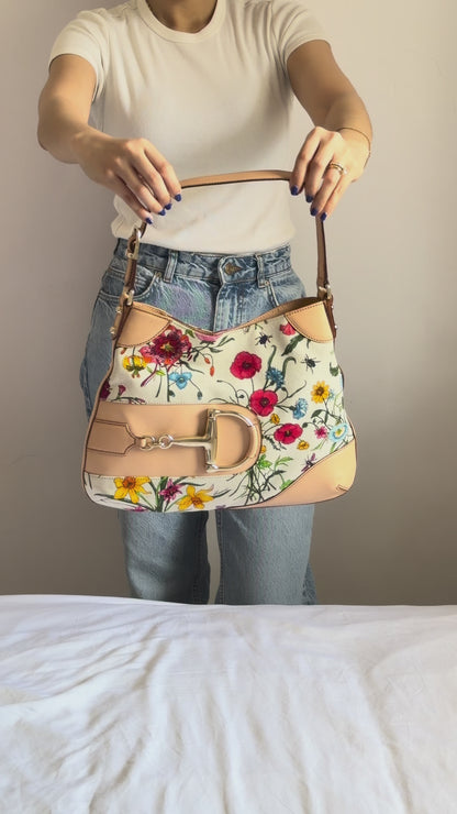 Authentic Vintage GUCCI Hasler Horsebit Flora Canvas Hobo Shoulder Bag