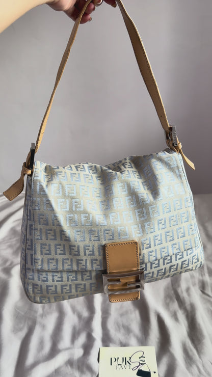 Authentic Vintage Fendi Light Blue Zucchino Canvas Mamma Baguette Shoulder Bag