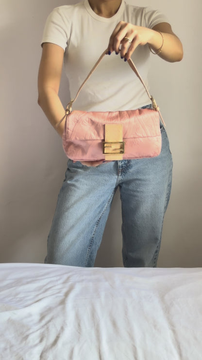 Authentic Vintage Fendi Baguette Pink Silk 3D Embossed Floral Swirl Pattern