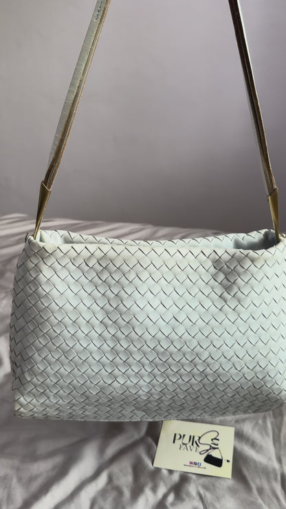 Authentic Vintage Bottega Veneta Light Blue Intrecciato Long Dual Strap Shoulder Bag