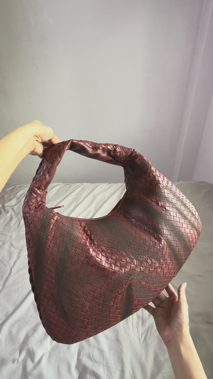 Authentic Vintage Bottega Veneta Burgundy Intrecciato Woven Nappa Leather Embroidered Large Hobo Bag