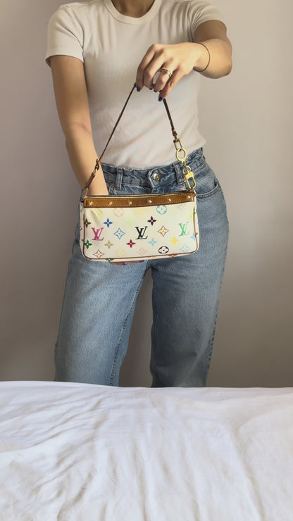 Authentic LOUIS VUITTON × TAKASHI MURAKAMI White Multicolor Pochette Shoulder Bag