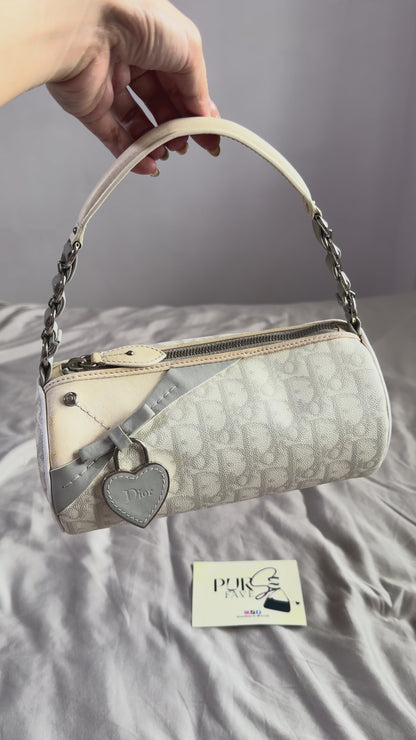 Authentic Vintage Christian Dior by John Galliano White x Grey Trotter Romantic Mini Boston Barrel Bag