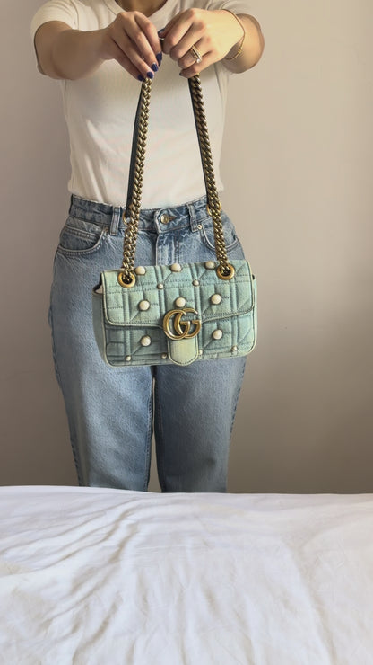 Authentic Gucci GG Marmont Matelassé Pearl Studded Blue Denim Shoulder Crossbody Bag
