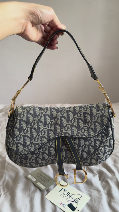 Authentic Vintage Christian Dior by John Galliano Navy Trotter Oblique Canvas Double Saddle Bag