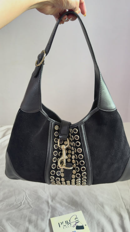 Authentic Vintage Gucci by Tom Ford Black Suede Studded Jackie Bouvier Medium Hobo Bag