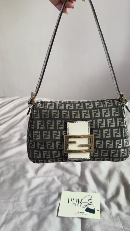 Authentic Vintage Fendi Dark Blue Zucchino Canvas Mini Mamma Baguette Shoulder Bag