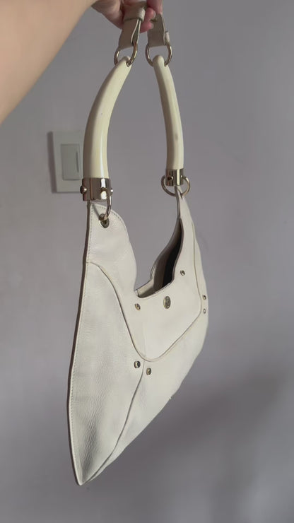 Authentic YVES SAINT LAURENT Mombasa Double Horn Cream Leather Shoulder Bag