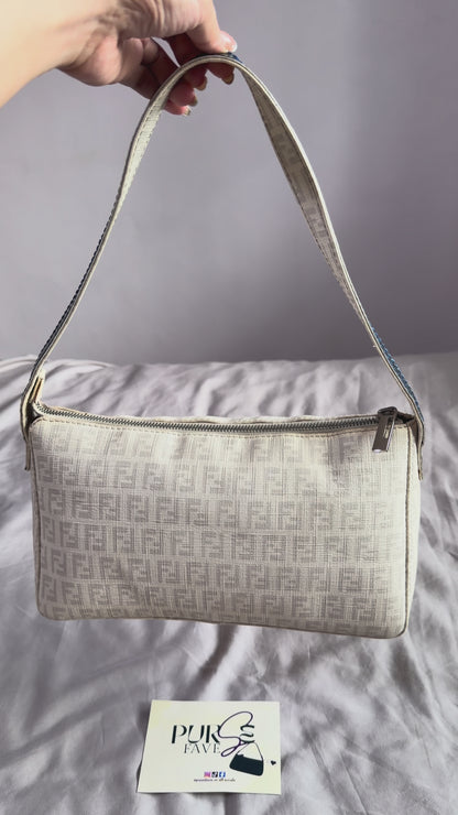 Authentic Vintage Fendi White Zucchino Coated Canvas East-West Shoulder Bag