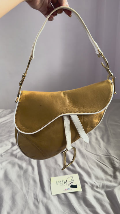 Authentic Vintage Christian Dior by John Galliano Tan Calfskin x White Leather Saddle Bag